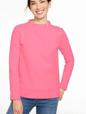 Talbots Pink Cable Knit Funnel Neck Zip Pullover Preppy Career Long Sleeve Sz XL
